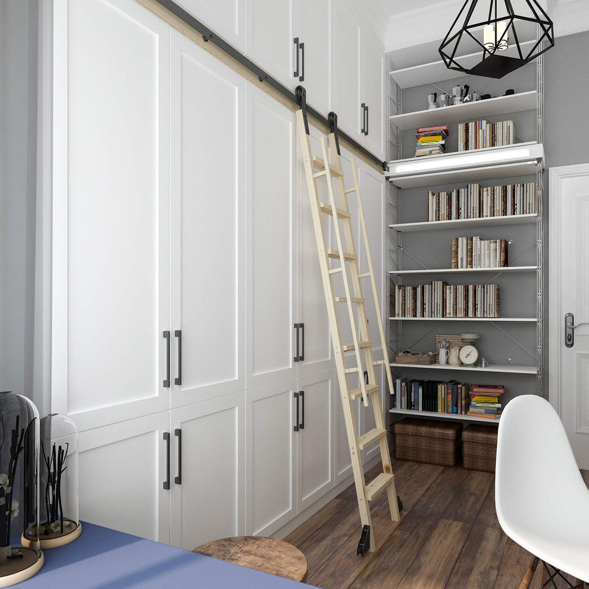 DIYHD 16FT Rustic Black Sliding Library Ladder Hardware,Bottom Wheel with Brake (No Ladder)