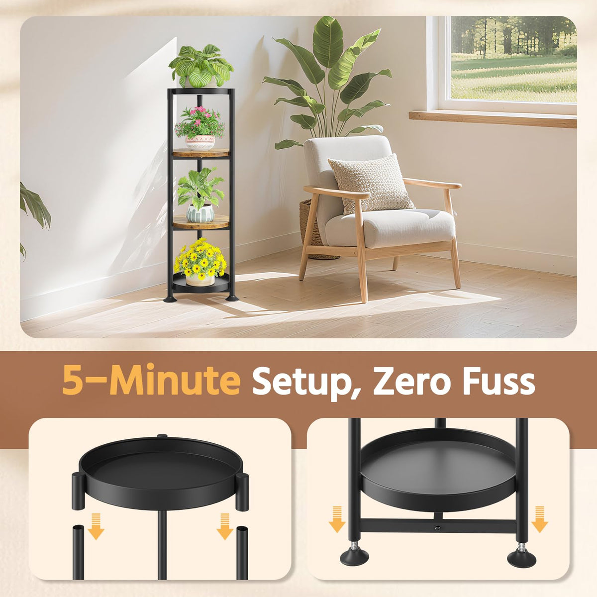 LASZOLA 4 Tier Black Plant Stand Indoor for Large Tall Heavy Duty Flower Planter, Metal Vertical Multi Level Rack for Narrow Floor Corner, Sturdy Round Holder Organizer, Modern, Mid Century, Farmhouse