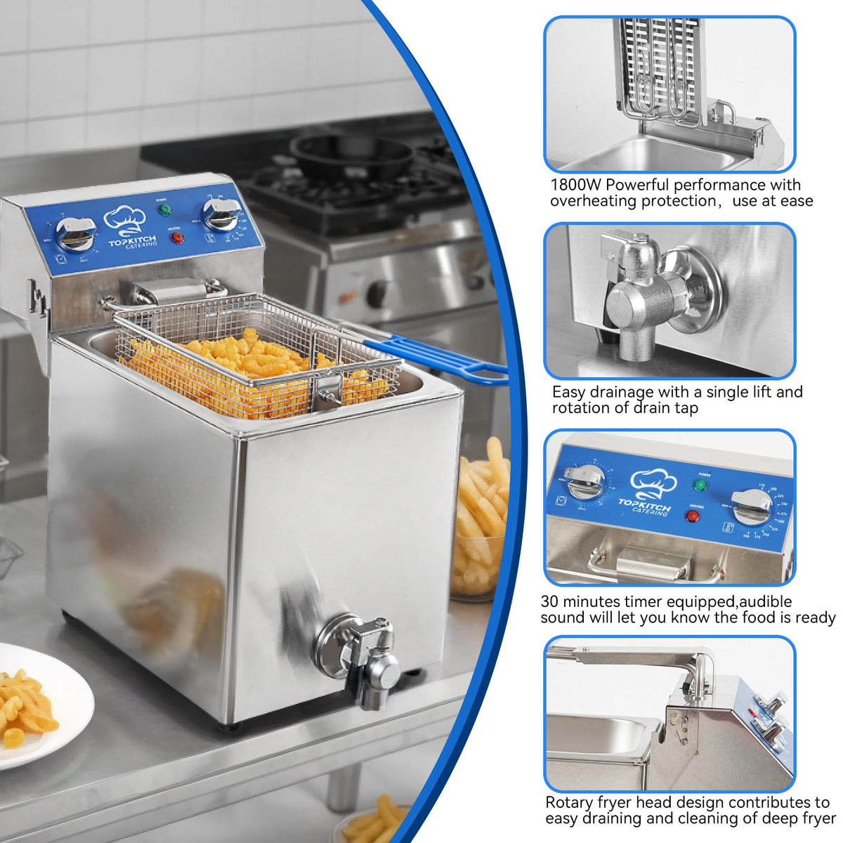 TOPKITCH 8.5Qt Electric Fryer with Oil Drain,30 Minutes Timer,Stretch forming oil tank,Lid and Solid Wire Mesh Basket,Medium Duty Commercial Electric Countertop Deep Fryers-120V,1800W