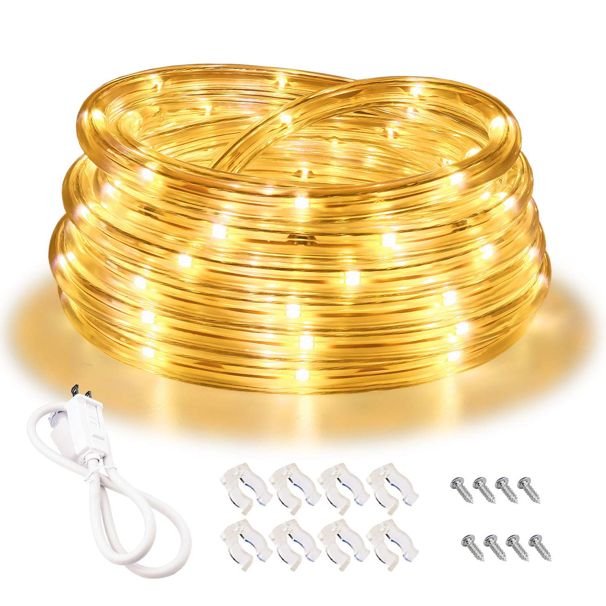 LED Rope Lights, 16ft Warm White Strip Lights, Connectable and Flexible Tape Lights with Fuse Holder, Clear Thick PVC Jacket and High Brightness Advanced LEDs, Waterproof for Indoor Outdoor Use