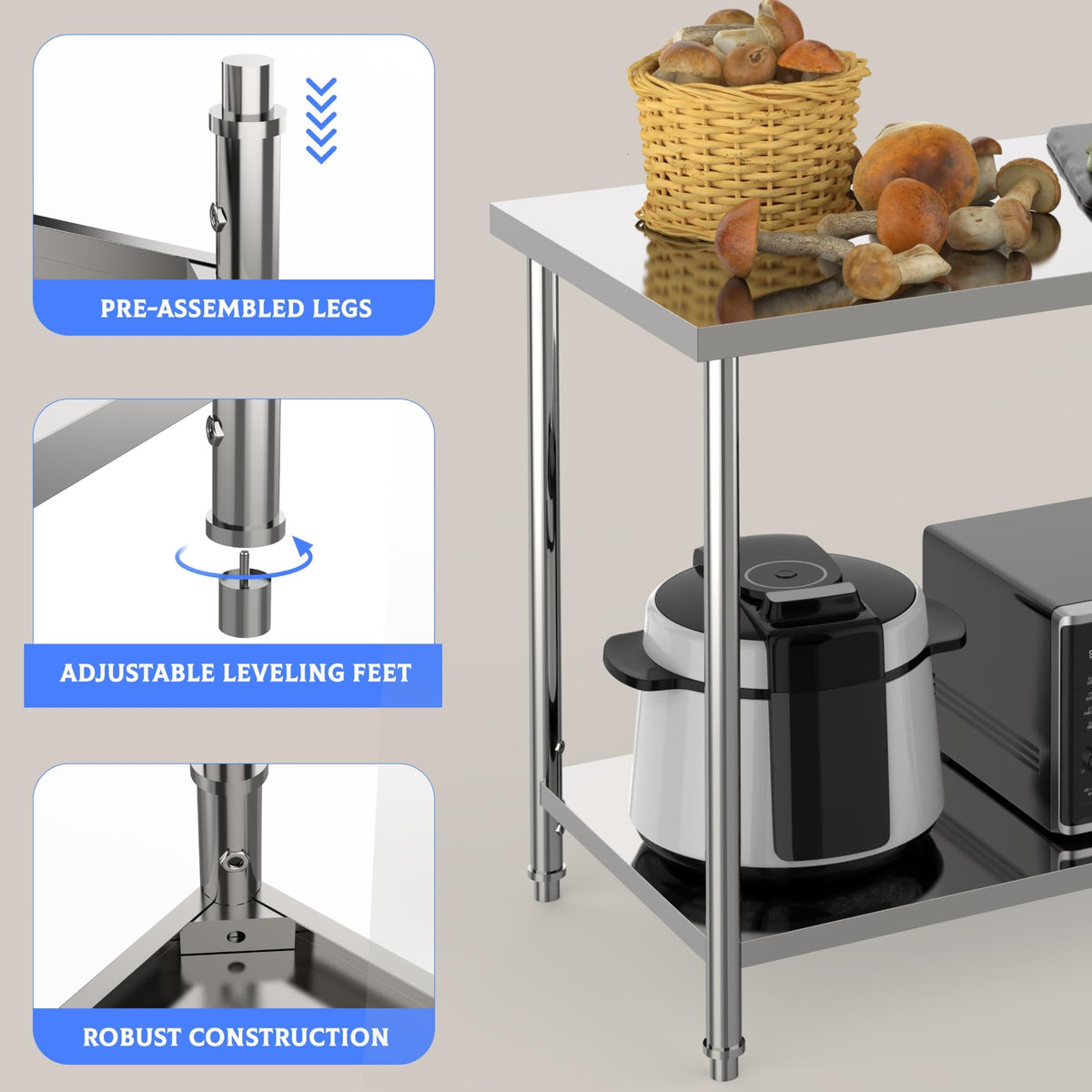 Garvee Stainless Steel Table, 60" x 24" NSF 2 Tier Prep Table with Adjustable Foot & Under Shelf, Heavy Duty Commercial Worktable for Restaurant, Home, Kitchen, Indoor, Outdoor