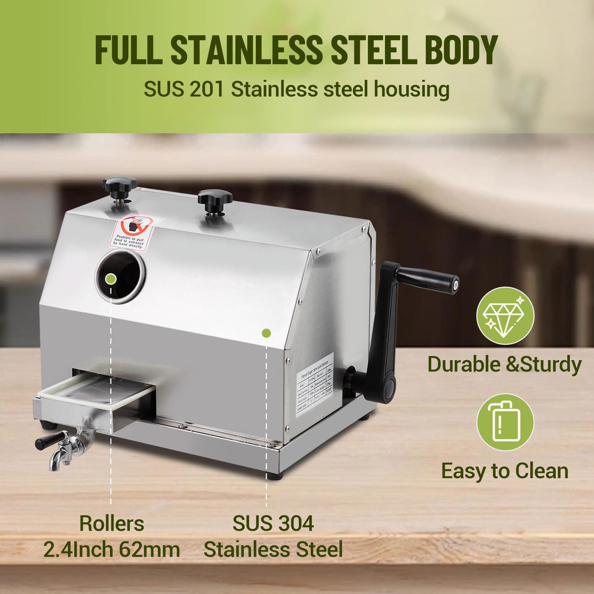 Commercial Grade Manual Sugar Cane Juicer with Stainless Steel 3-Rollers,2.4" Large Inlet, 110 LBS/Hour High Output Sugarcane Press Machine for Juice Bars, Restaurants & Home Use, Durable