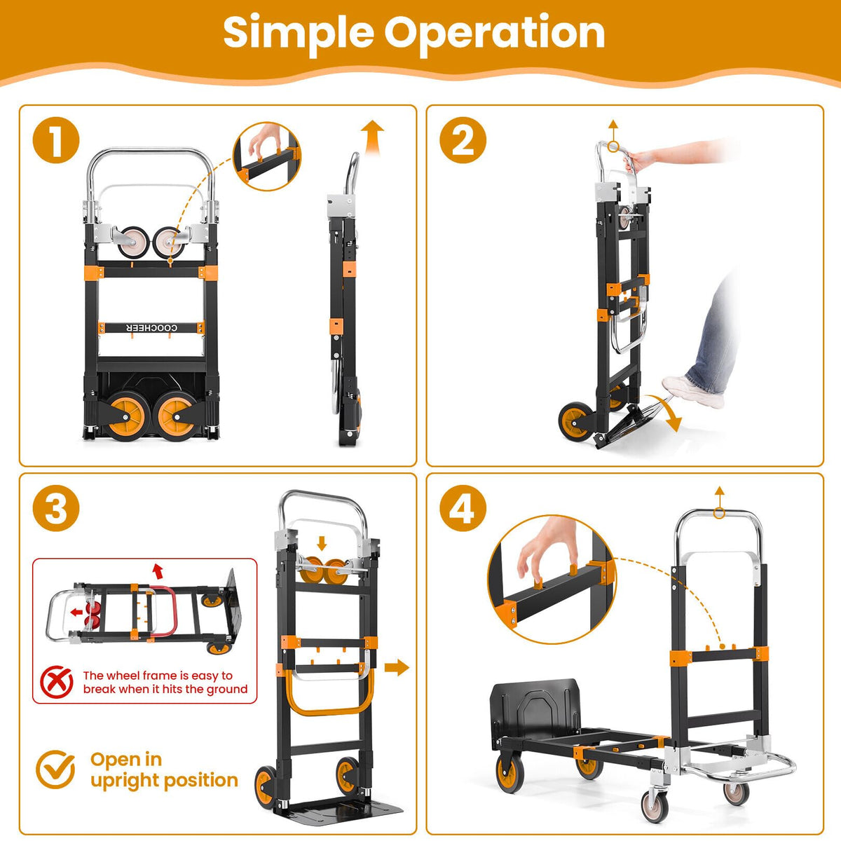 3-in-1 Convertible Heavy Duty Folding Hand Truck Dolly, 600LB Capacity with Rubber& Wheels Telescoping Handles, Portable Collapsible Cart for Warehouse, Supermarket, Office (Orange)