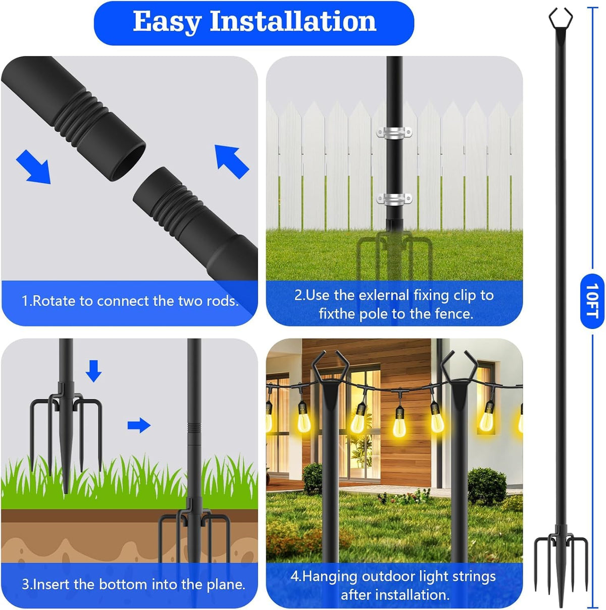 SINLEY 10 Pack String Light Poles,10 Ft Metal Poles with Fork for Outdoor String Lights,Outdoor Light Poles with Fork,Poles/Post/Stand for Outside,Patio,Deck,Backyard,Garden Wedding,Party