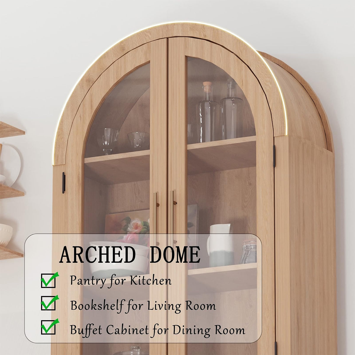 Patikuin 60'' Arched Kitchen Pantry, 4-Tier Arch Cabinet with Doors, Modern Wood Kitchens Storage Cabinets with Adjustable Shelves, Wooden Storage Cabinet for Living Room & Dining Room