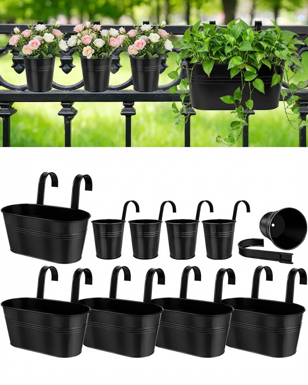 vensovo 10 Pcs Metal Railing Planters Set, 10.8" Oval & 3.9" Round Hanging Flower Pots with Detachable Hooks, Black Fence Planter Baskets for Outdoor Plants, Herbs & Succulents, Garden Decor