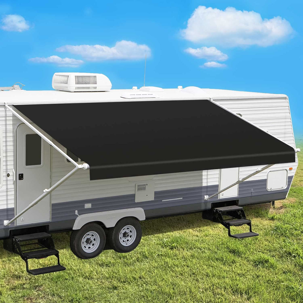 Leaveshade RV Awning Fabric Replacement Camper Trailer Awning Fabric Super Heavy Vinyl Coated Polyester 11'3''(Fit for 12' Awning)-Solid Black