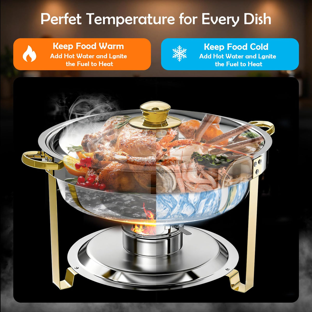 ALSO GO Round Chafing Dishes for Buffet with 4 Serving Tongs, 4 Pack 6QT Chafing Dishes Buffet Set, Golden Stainless Steel Catering Food Warmer for for Party, Gathering,Wedding