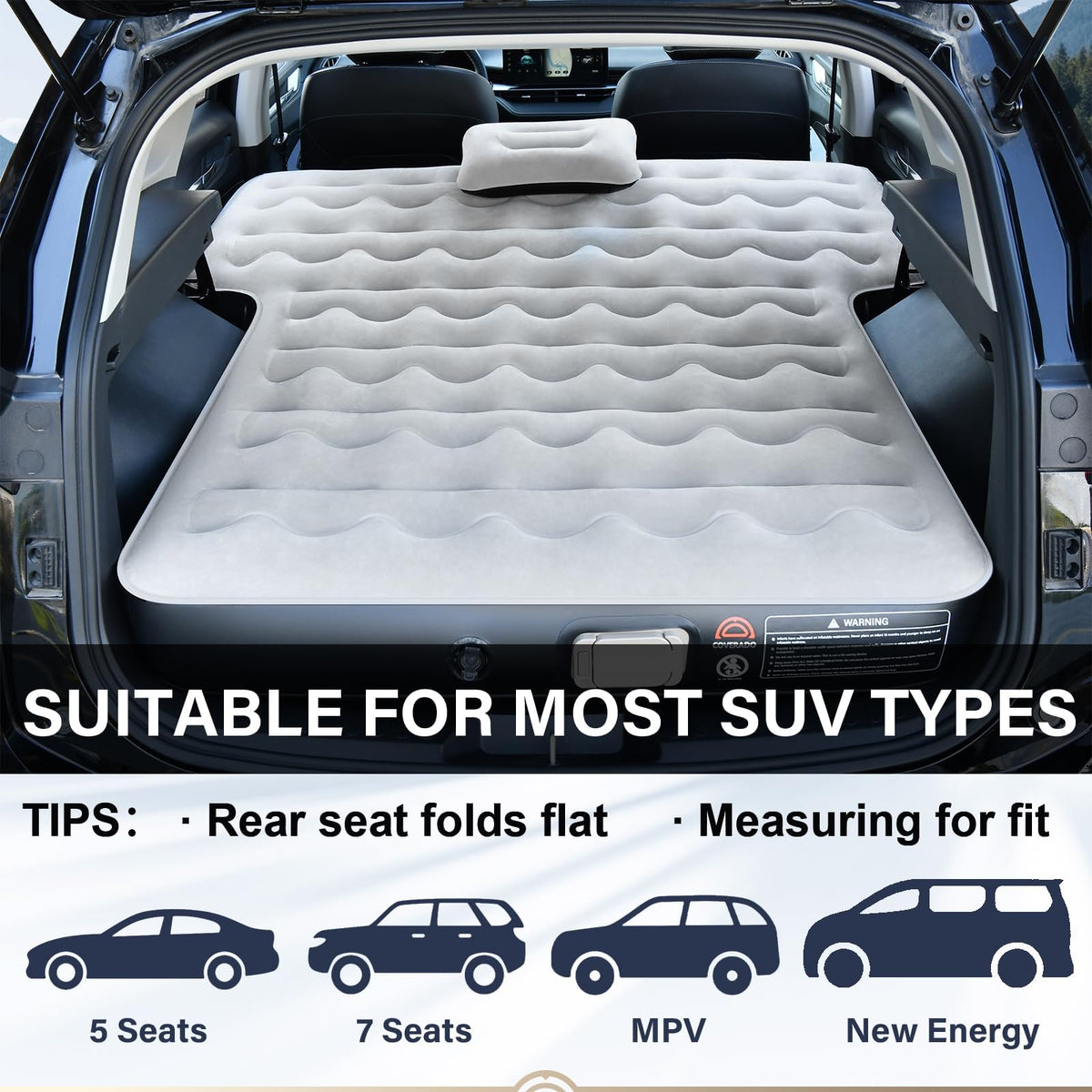 Coverado SUV Air Mattress, Thickened Flocked-Top Car Air Mattress with Wireless Built-in Pump, Pillows, Patch Kit & Carry Bag, Quick&Easy Set Up, SUV Mattress Camping Bed Universal fit for Most Cars