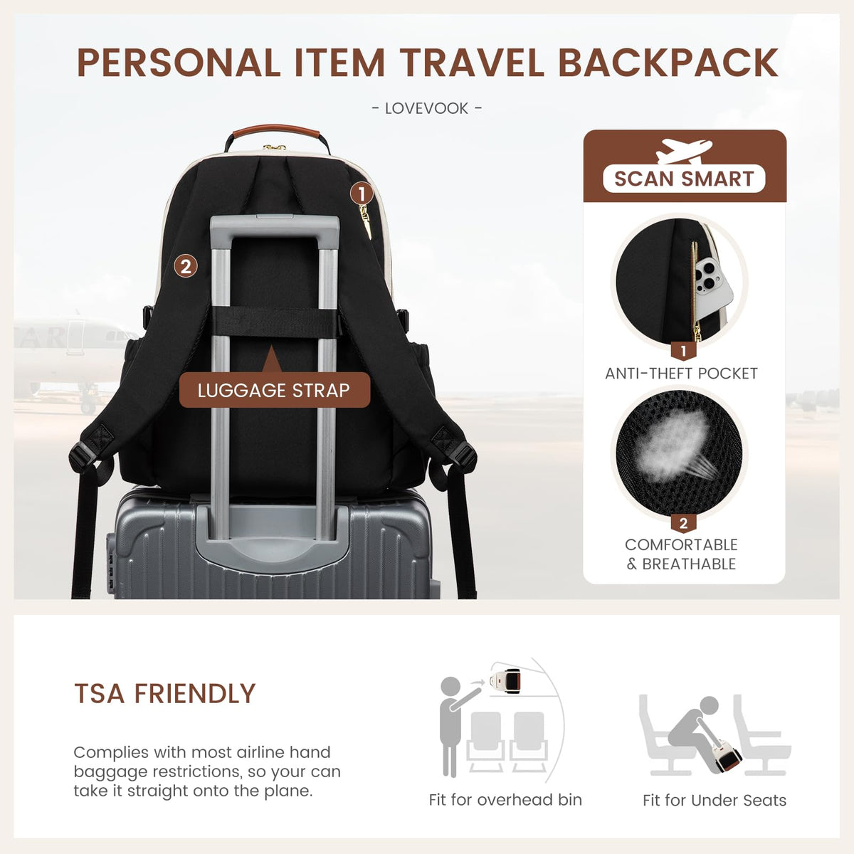 LOVEVOOK Laptop Backpack for Women with Pouch Pocket for Large Capacity Cup,15.6 Inch Laptop Computer Bag Travel Backpack Purse,Waterproof Work Business Backpack College Teacher Bags,Beige-Black-Brown