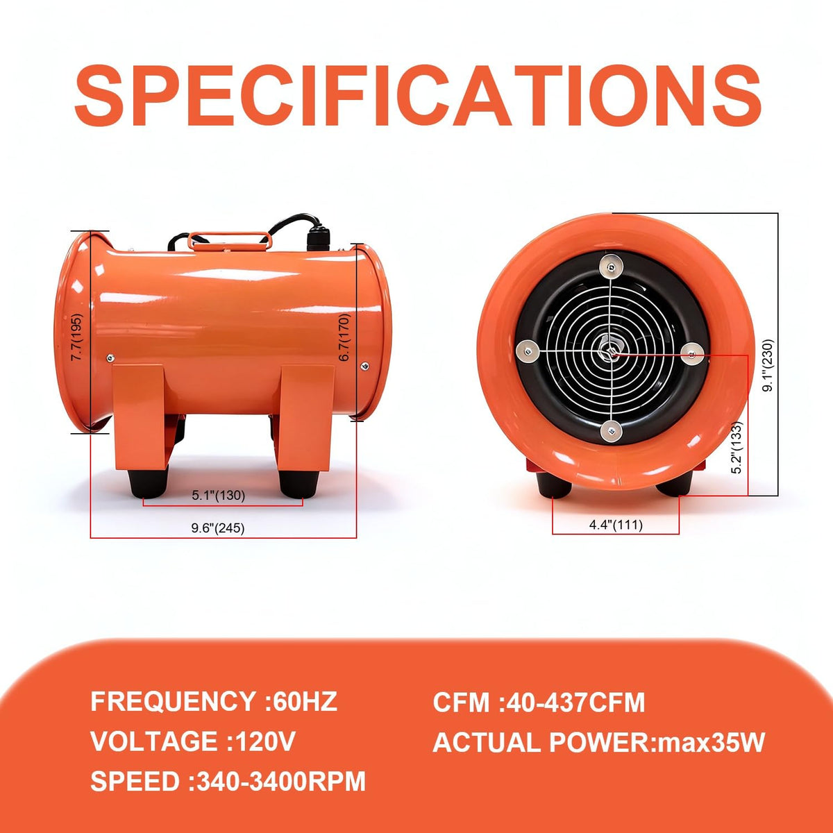 Hakazeni 6" Portable Multi-Purpose Blower,35W High-Velocity Axial Flow Exhaust Fan with EC Motor, Adjustable Airflow to 437CFM, Comes with 12" Duct Hose, Perfect for Home Ventilation and Exhaust.