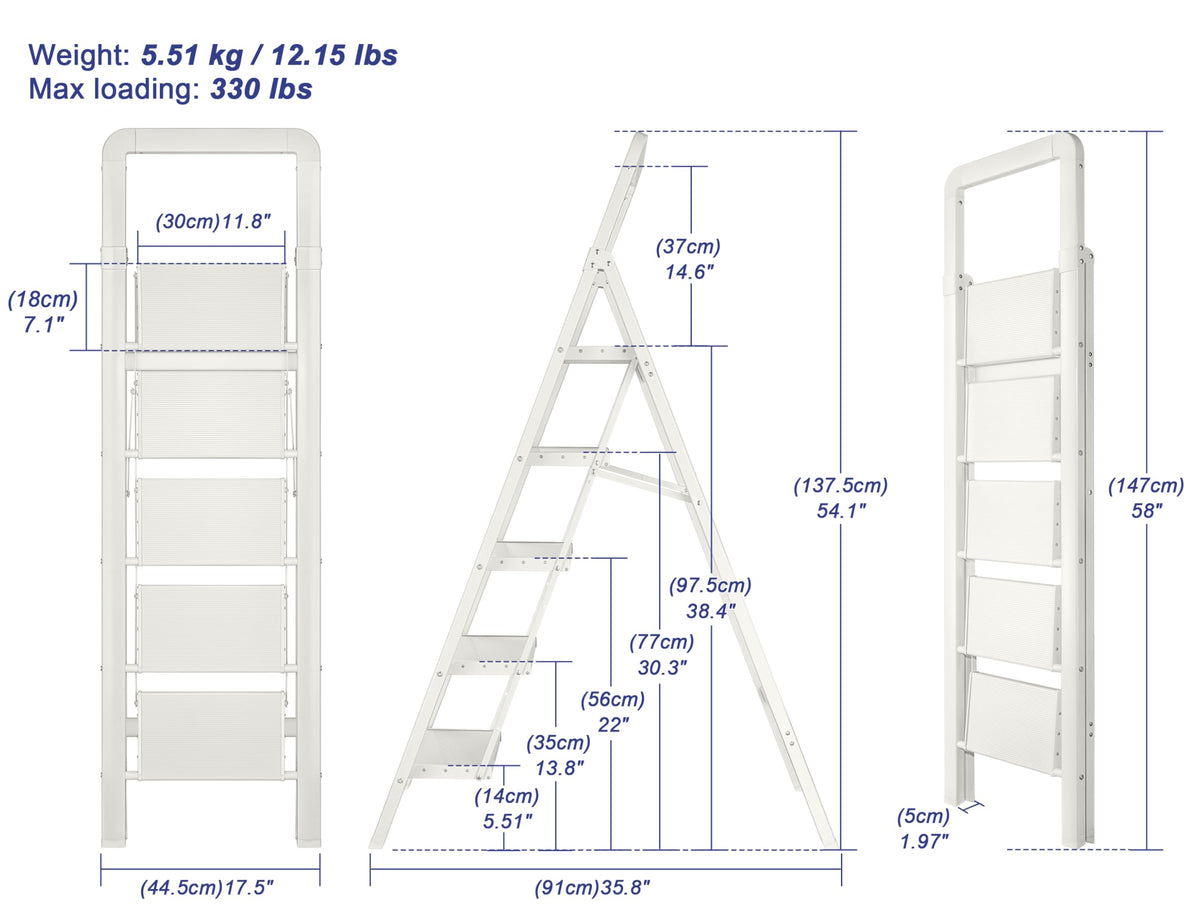 BIBKOKE Step Ladder 5-Step White Finish Aluminum Folding Step Ladders,Anti-Slip Max 330 lbs
