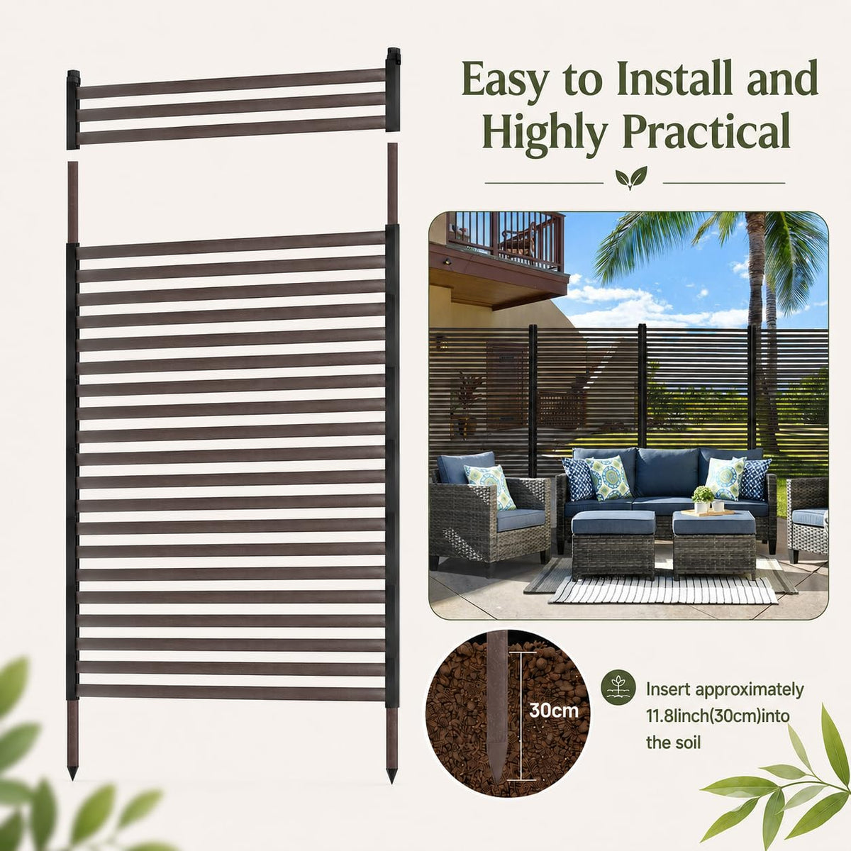 Outdoor 3FT x 6FT Metal Privacy Screen, Privacy Fence Panels for Outside, Decorative Room Divider, Tall Fence Sticks for Backyard Patio Garden, Brown