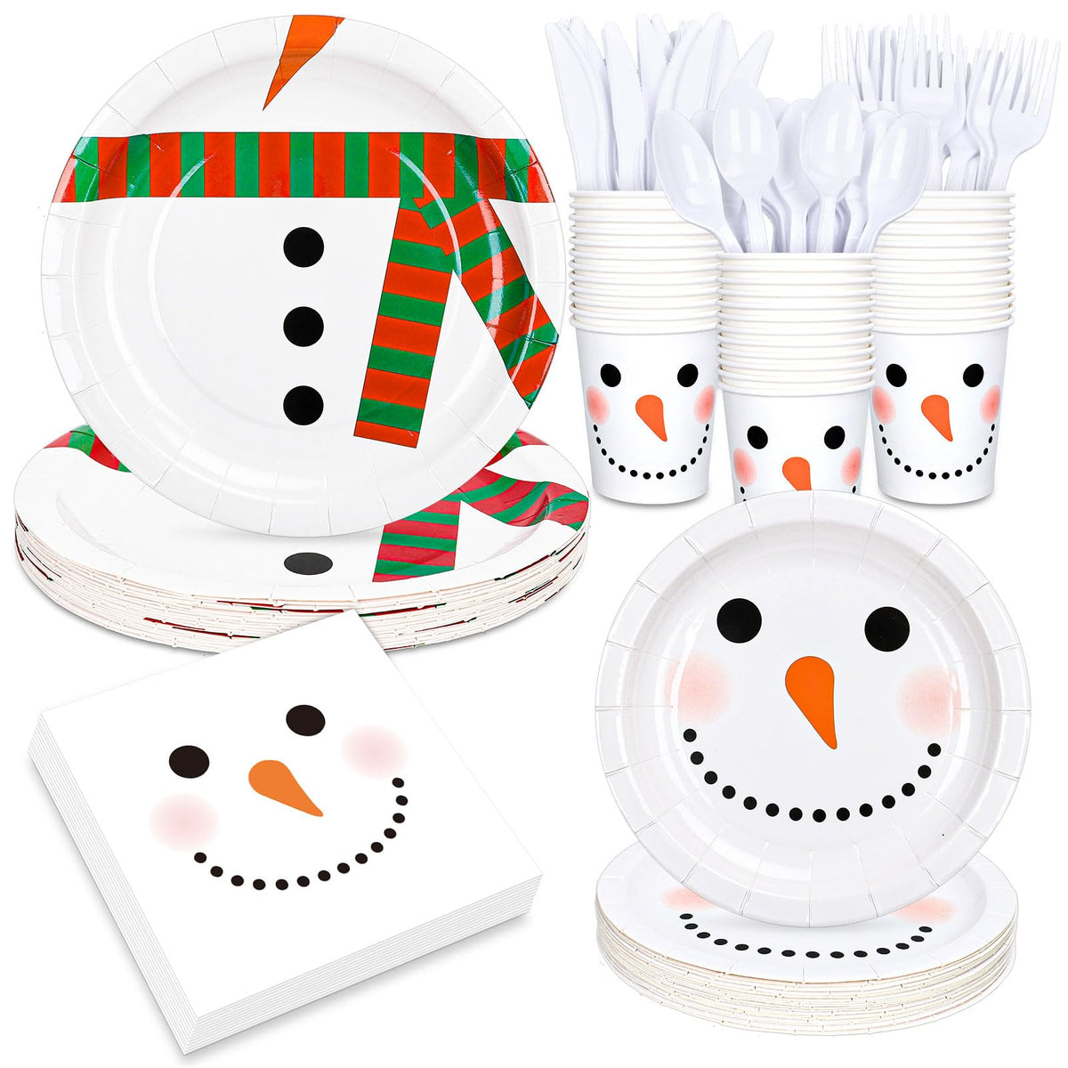 Whaline 175Pcs Christmas Party Tableware Set Winter Snowman Dinnerware Kit 7 and 9 Inch Paper Plates 6.5 Inch Disposable Napkins Cups Forks Spoons Knives for Xmas Holiday Dinner Supplies