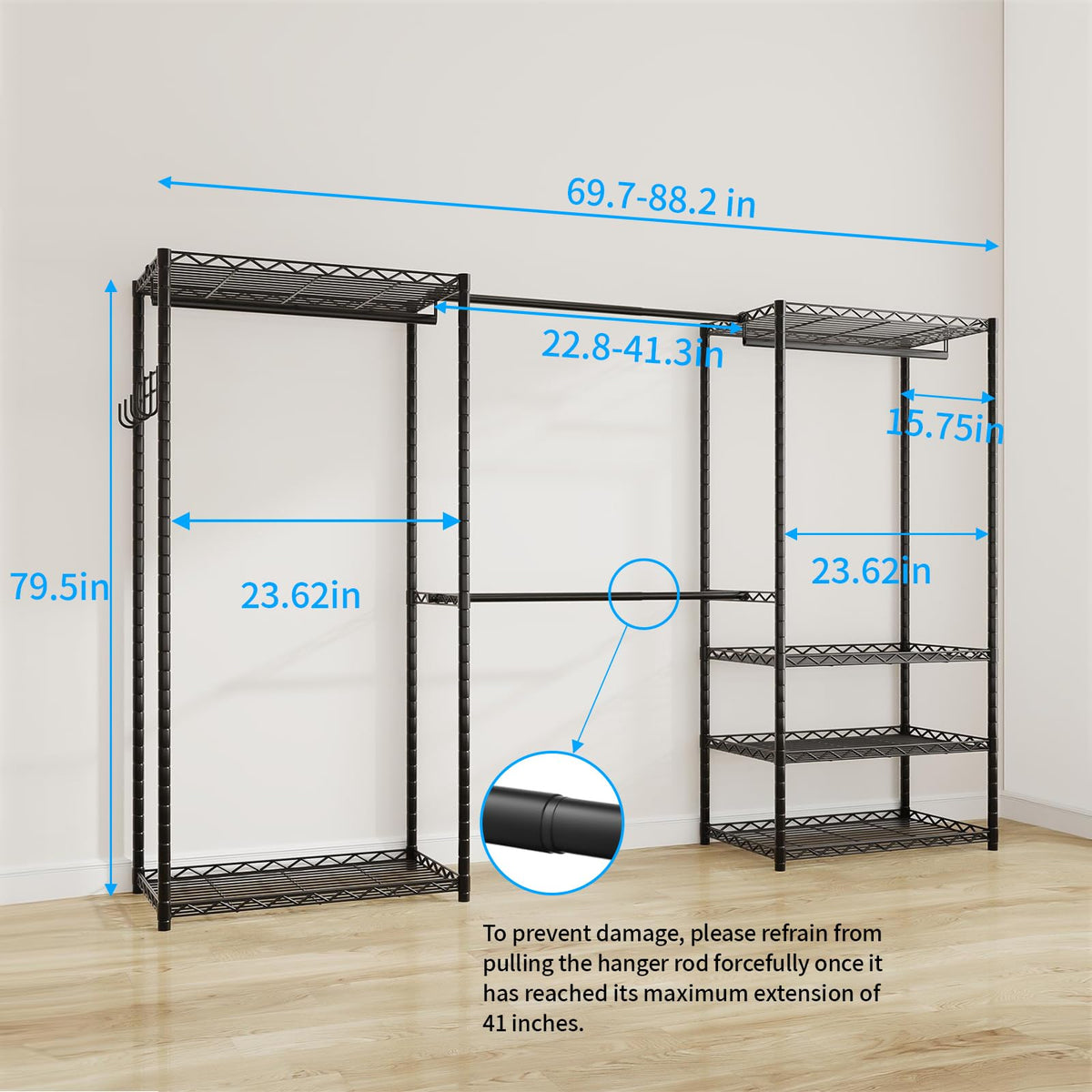ecobedding Heavy Duty Garment Rack, 900LBS Max Load Freestanding Closet Organizer with 6 Storage Shelves & 3 Adjustable Hanging Rods, Multifunctional (Black, 15.75" D x (69.7~88.2)" W x 79.5" H)