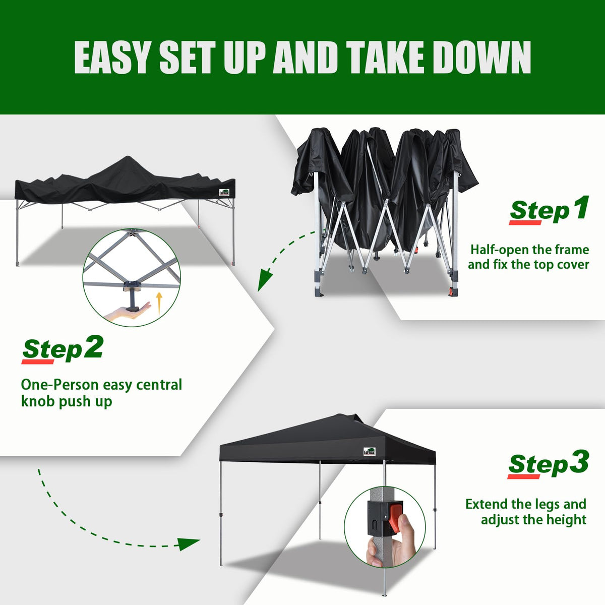 Eurmax USA NOMATTER ONE-Person Open&Close 10x10ft Pop Up Canopy Tent，Portable Shelter Canopy for Outdoor Events，Instant Canopies, Temporary Sunshade,Bonus 4 Sand Bags(Black)
