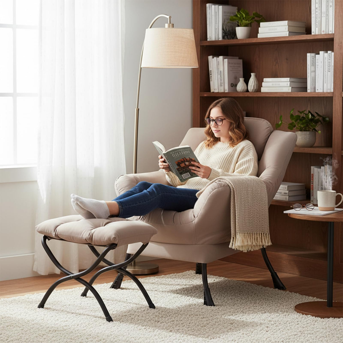 Welnow Lazy Chair with Ottoman, Modern Reading Accent Chair with Armrests and a Side Pocket, Leisure Upholstered Lazy Sofa Set with Footrest for Small Space, Khaki