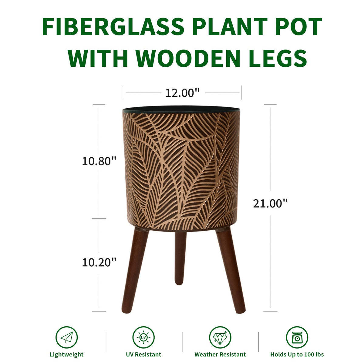 Opnons 12inch Black Plant Pots for Indoor Plants Large Boho Flower Pot with Stand Modern Planters with Gold Floral Embossed Standing Planter with Drainage for Living Room, Office, Garden or Balcony