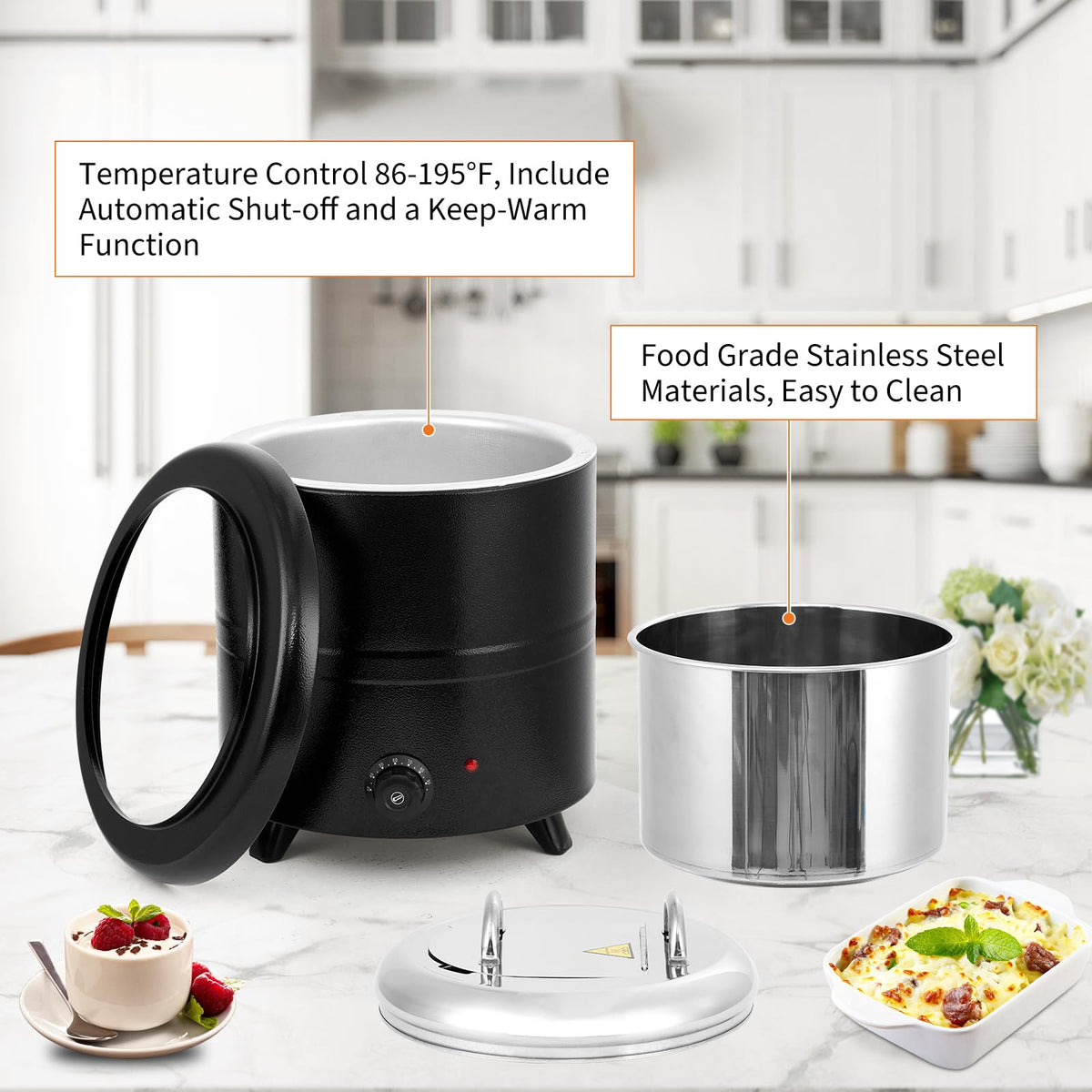 13.7 Qt Commercial Soup Kettle, Large Capacity Soup Warmer with Stainless Steel Removable Insert Pot, Swing Lid & Anti-Scald Handle, Food Warmer with Stable Base for Buffet Party Catering Restaurant