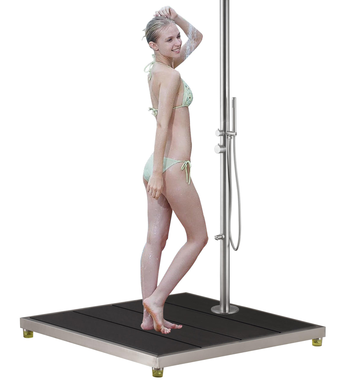 Wayime 33 * 30" Plastic Wood with Stainless Steel Frame Dark Grey Outdoor Shower Stand Platform Without Outdoor Shower, Help Mount Outdoor Shower Without Using Concrete&Without Calling Plumber