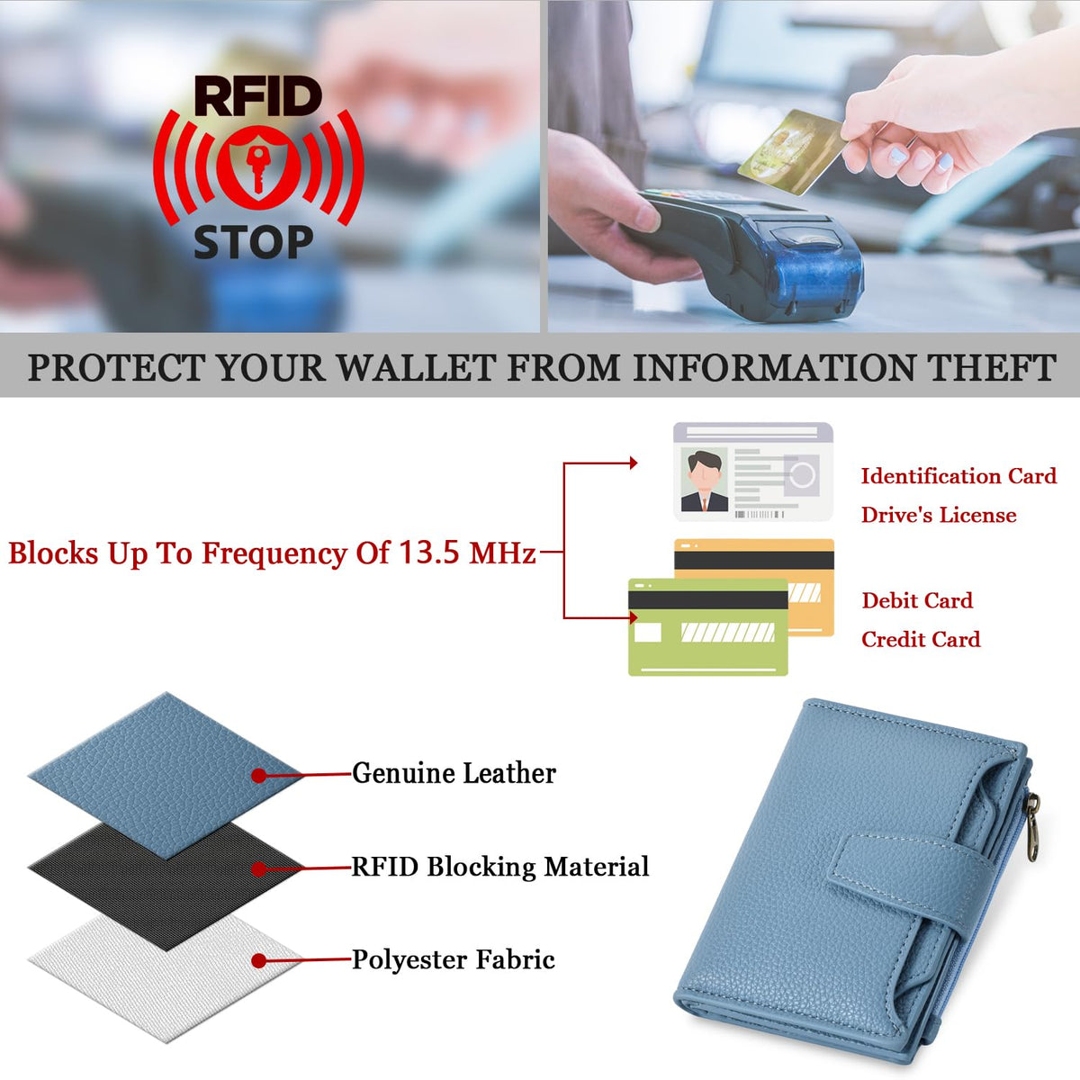 Airkit Small Wallet Women RFID Blocking Soft Leather Bifold Compact Card Holder Wallet for Women with Zipper Coin Pocket 4 ID Window