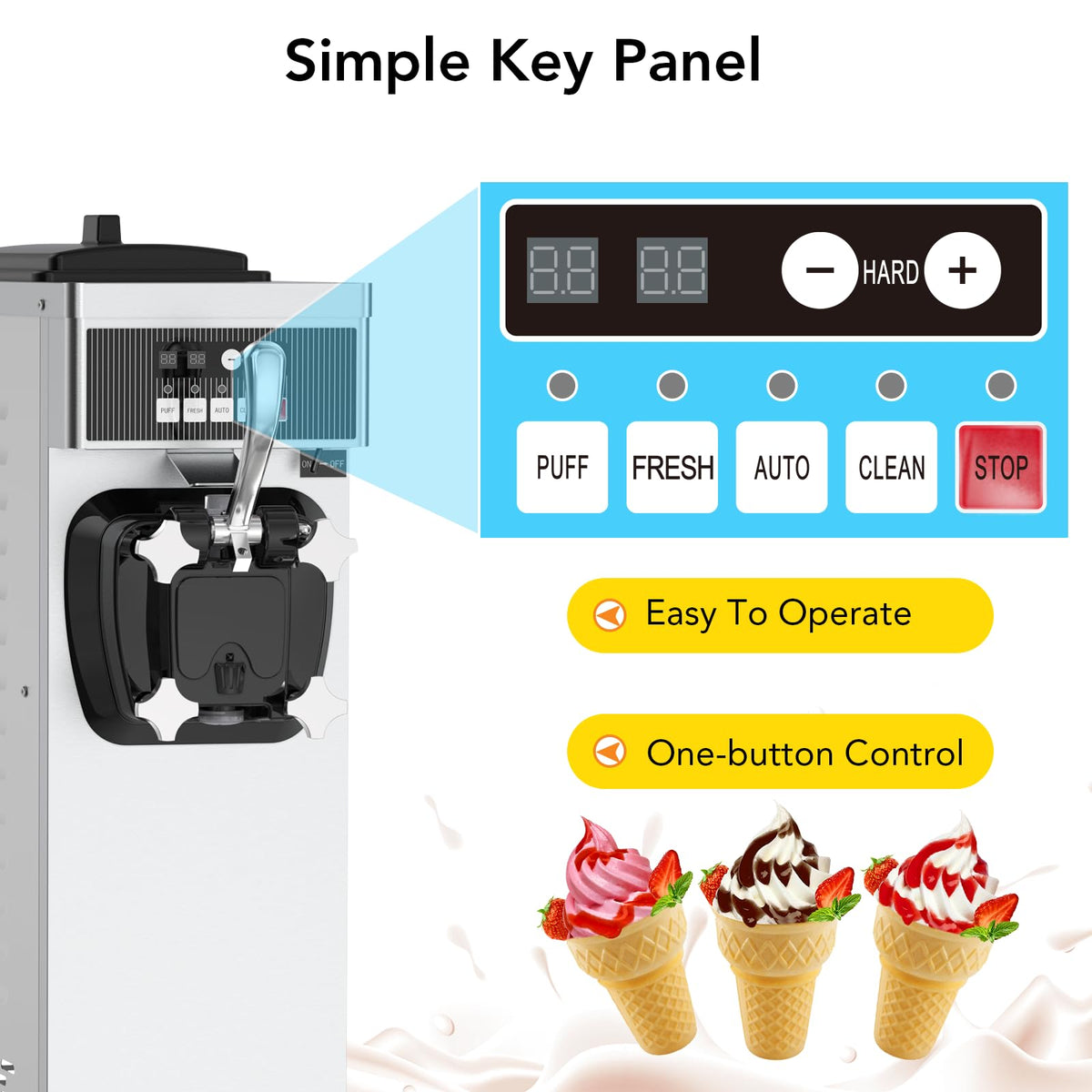 Commercial Ice Cream Maker Machine for home, 4.7-5.8Gal/H Soft Serve Machine, 1200W Single Frozen Yogurt Ice Cream Mixing Machine with 7 L Hoppers &1.8 L Cylinders for Parties, Restaurants, Snack Bars