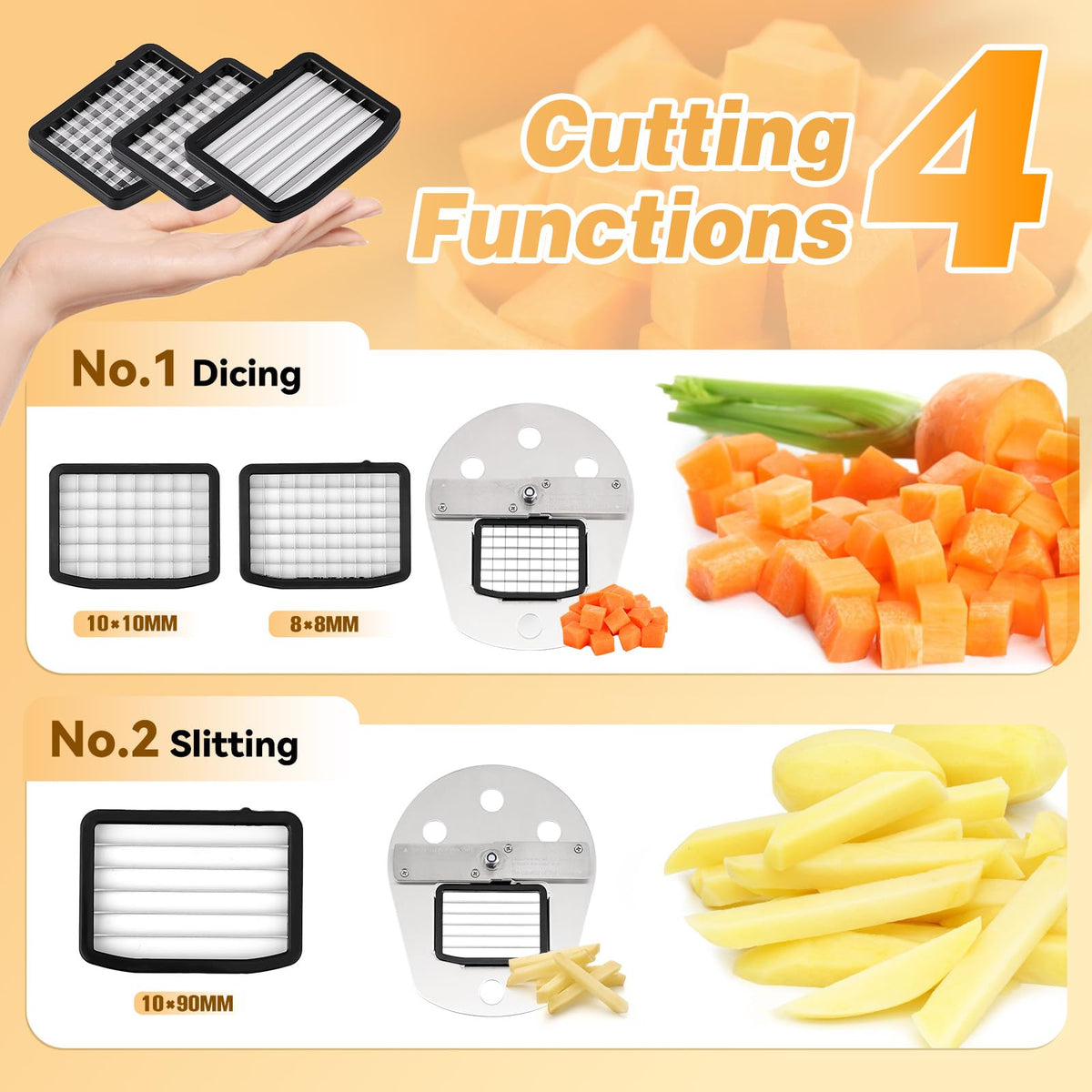 NEWTRY 4 in 1 Electric Vegetable Slicer Dicer Shredder & Strip Cutter, Commercial Automatic Multifunctional Food Chopper for Veggies & Fruits, with Thickness Adjustable Blades, 110V, 200W