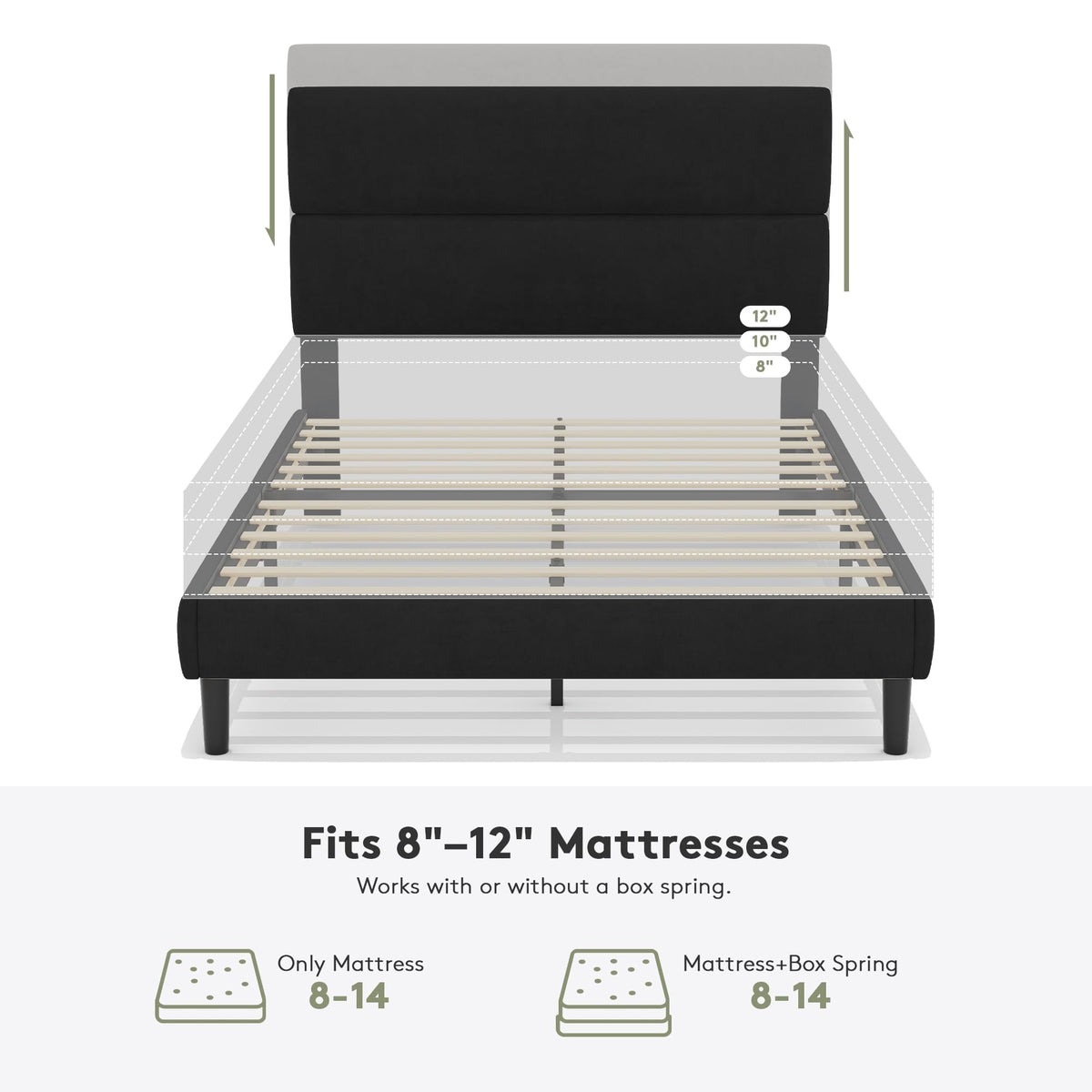 GRUSIGN Full Size Platform Bed Frame with Velvet Headboard, Adjustable Height Wooden Slats Support, Upholstered Mattress Foundation, Fits Mattress or Mattress with Box Spring, Easy Assembly, Black