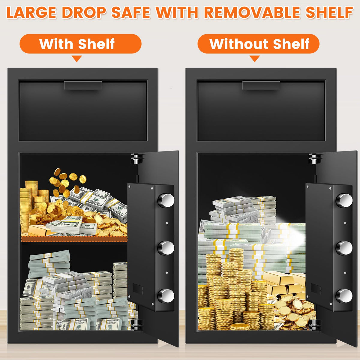 31.5"H Large Drop Safe Box for Business, Anti-Theft Depository Safe with Drop Slot, Digital Keypad, Spare Key and Removable Shelf, Heavy-duty Commercial Safes for Business Cash Documents Home
