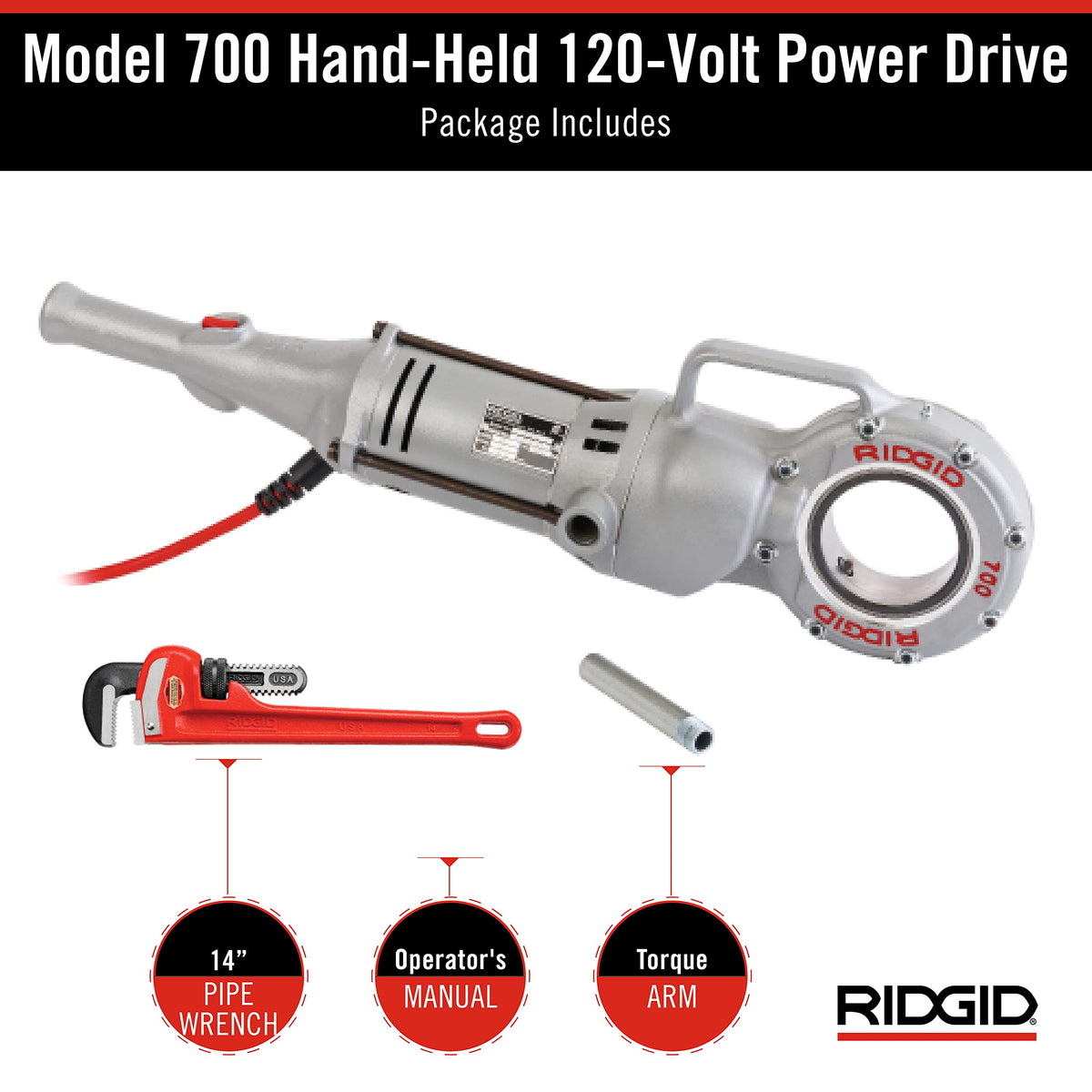RIDGID 41935 Model 700 Hand-Held 120-Volt Power Drive Pipe Threader, Compatible with RIDGID 12-R, 00-R, 00-RB, and 11-R Die Heads, Silver