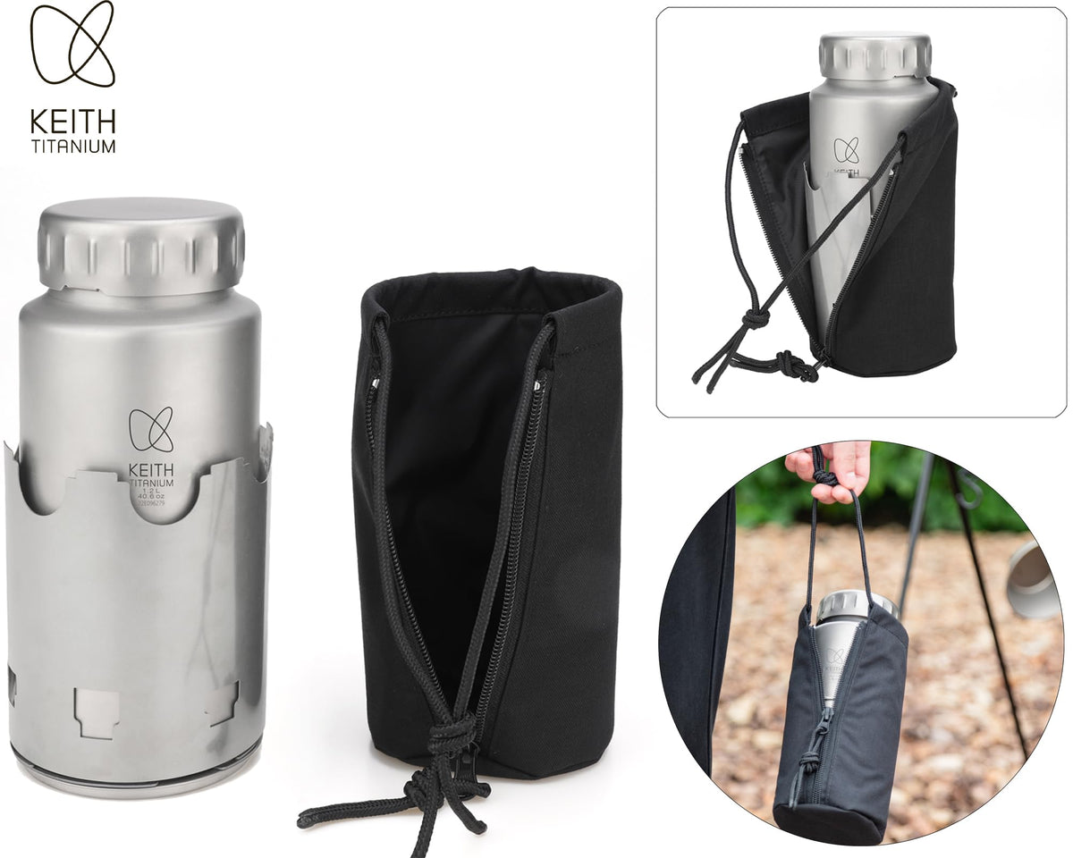Keith Titanium Ti3070 Nesting Camp Set - Ultralight Plastic-Free Titanium Bottle, Mug & Wood Stove with Canvas Carry Bag - Durable, Portable, and Eco-Friendly for Camping, Hiking & Outdoor Adventures