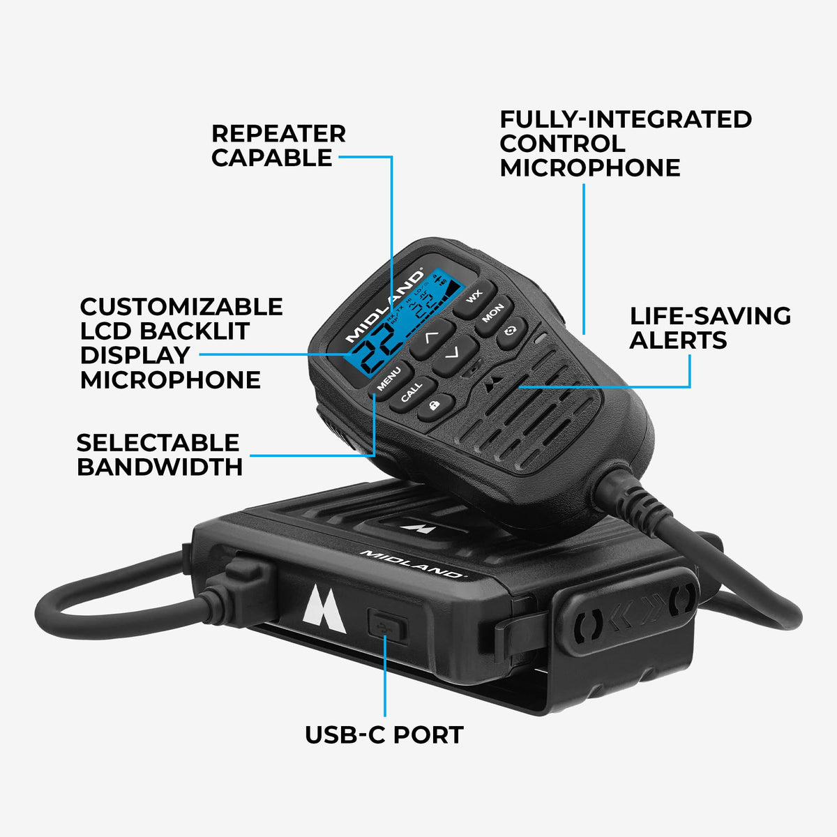 Midland - MXT275VP4-15 Watt GMRS MicroMobile Two-Way Radio - ATVs UTVs and Other Off-Road Vehicles - Overlanding Gear - Extended 3dB gain Roll Bar Mount Antenna Microphone Extension Cable