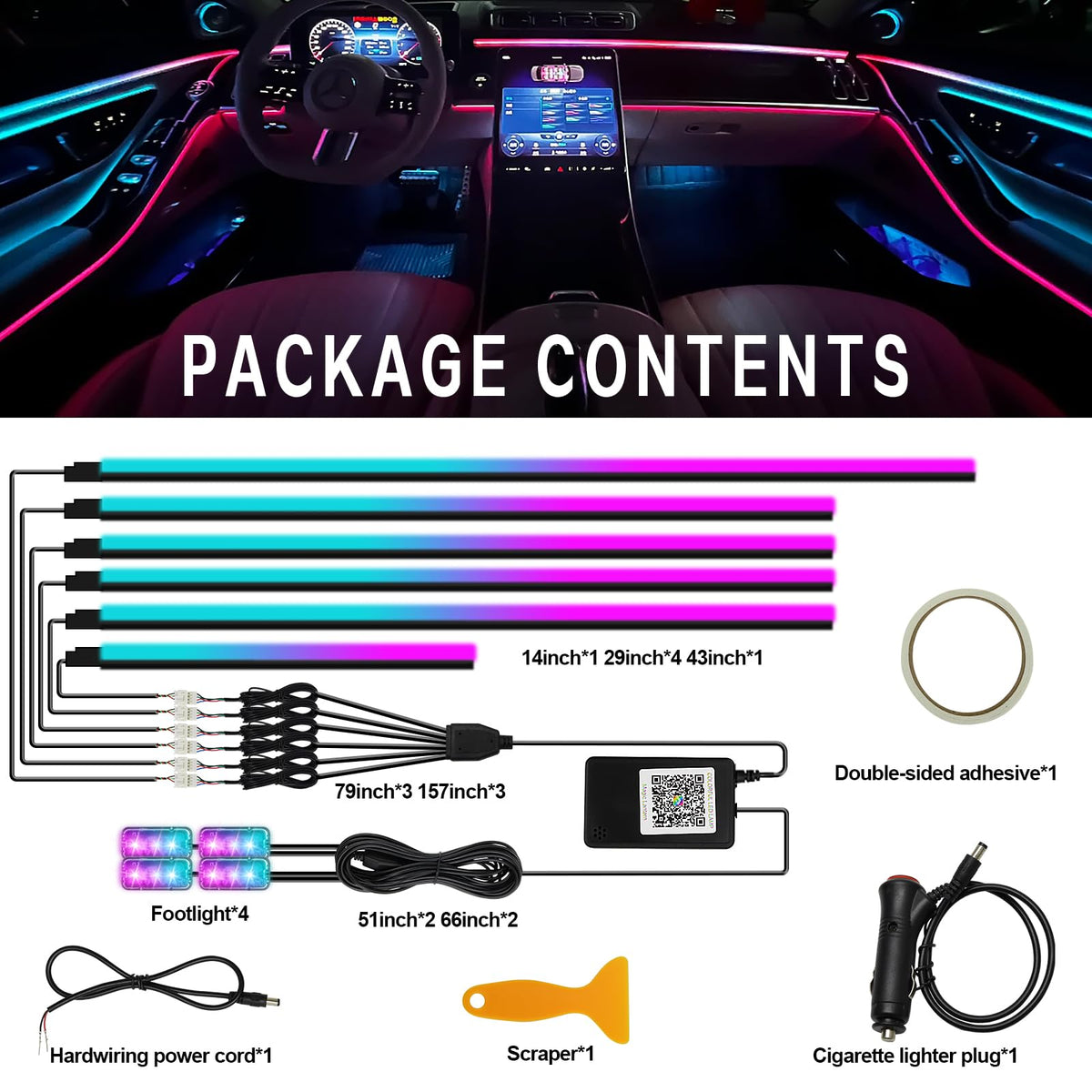 Dreamcolor Acrylic Interior Car Light 10 in 1 Automotive Ambient Light Kits with APP Control 16 Million Color 175 inches Fiber Optic Car LED Strip Light, RGB Music Sync Neon Light Kits