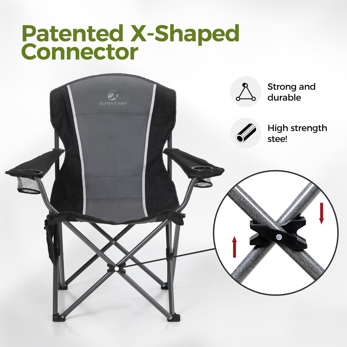 ALPHA CAMP Oversized Camping Folding Chair Heavy Duty Steel Frame Support 350 LBS Collapsible Padded Arm Chair with Cup Holder Quad Lumbar Back Chair Portable for Outdoor/Indoor (Black grey-2PC)