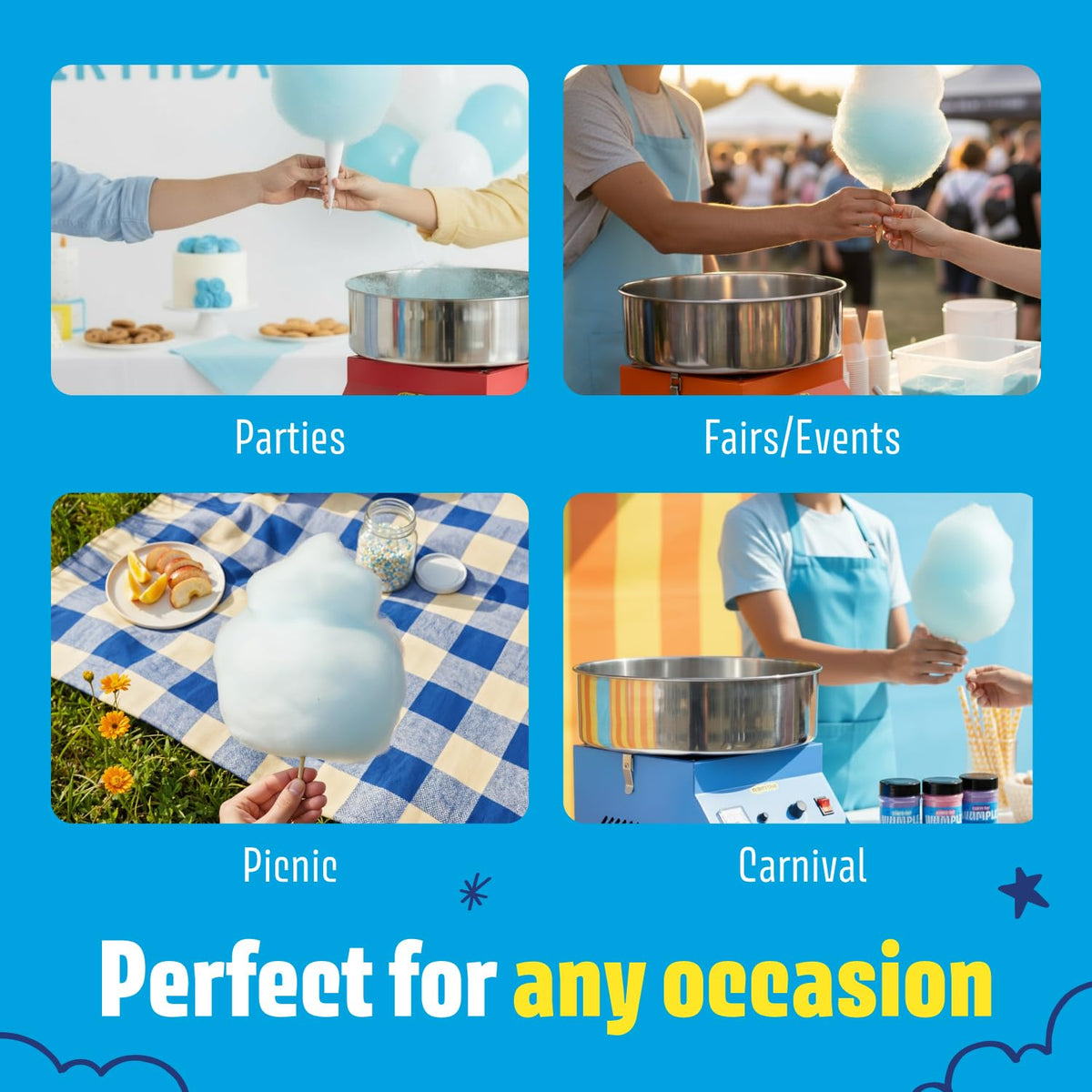 Wumple Cotton Candy Machine - 1000W Commercial-Grade Electric Cotton Candy Maker - 3-Minute Heat-Up - Stainless Steel Bowl - for Parties, Carnivals & Home Use - Blue