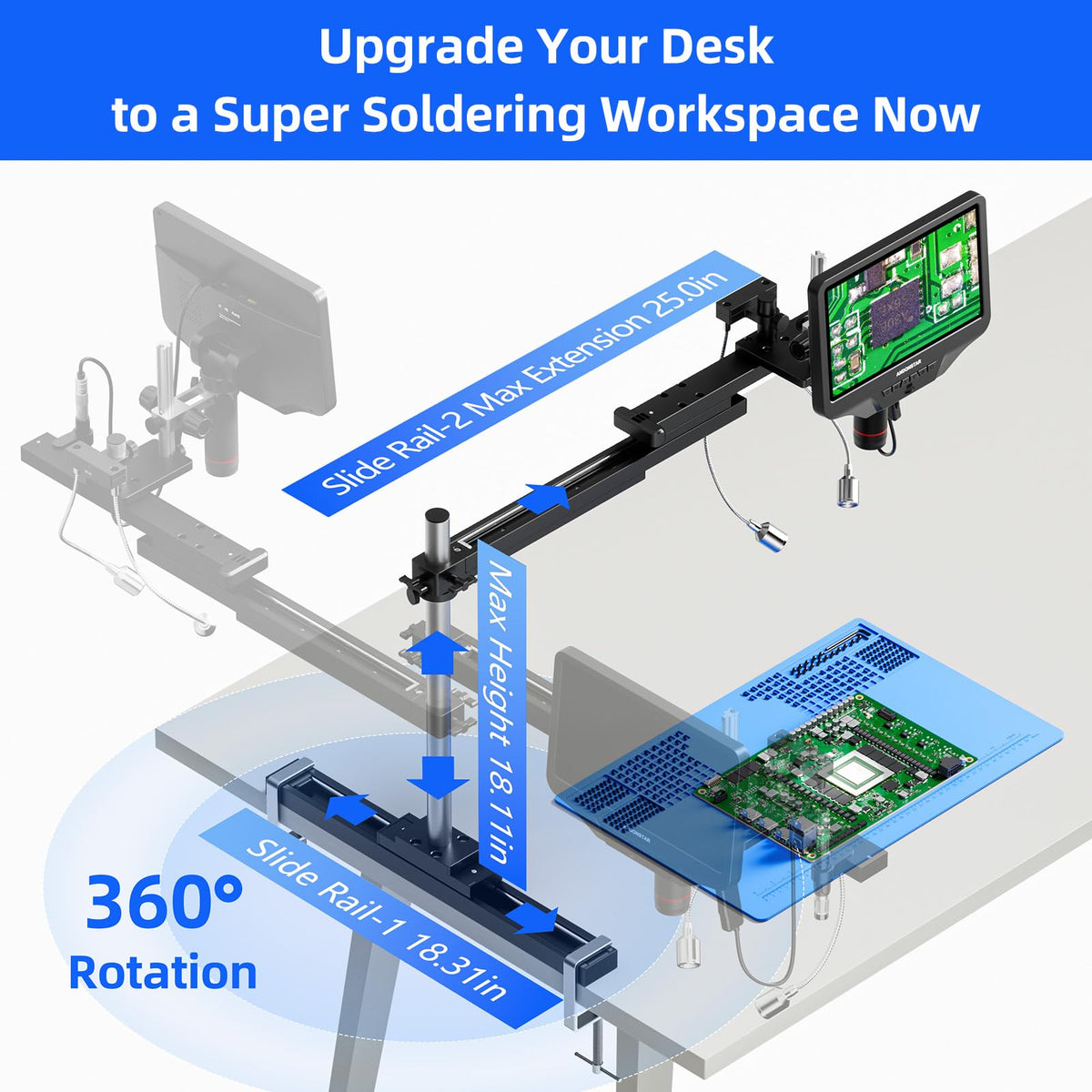 Andonstar AD409 SA 10.1'' HDMI Soldering Digital Microscope with Slide Rail Arm, Endoscope, 300X USB Electronic Microscope Camera for Professional PCB Repair, Soldering, Electronics, Windows PC