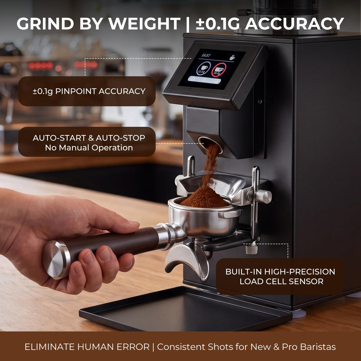 Grind by Weight Espresso Grinder, Commercial Coffee Grinder by Weight with 64mm Flat Burr, Touch Screen, 14 Grind Settings for Cafe