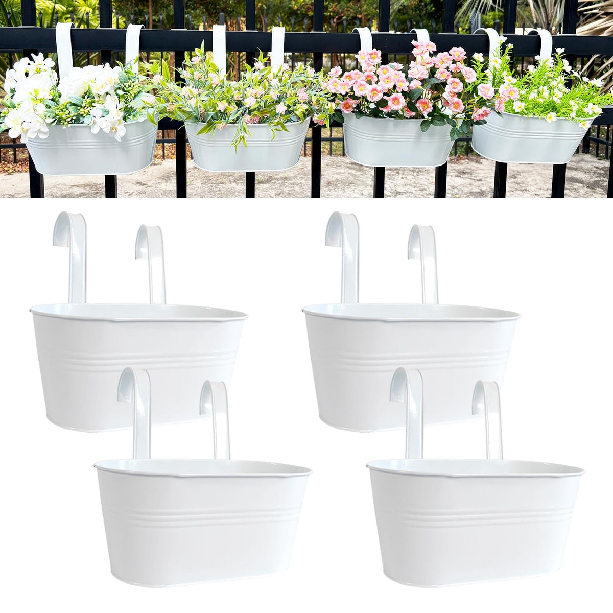 Joyfernal 12" Balcony Railing Planters, Outdoor Hanging Planter for Fence, Stylish Metal Porch Deck Flower Pot for Herbs & Succulents (White, Pack of 4)