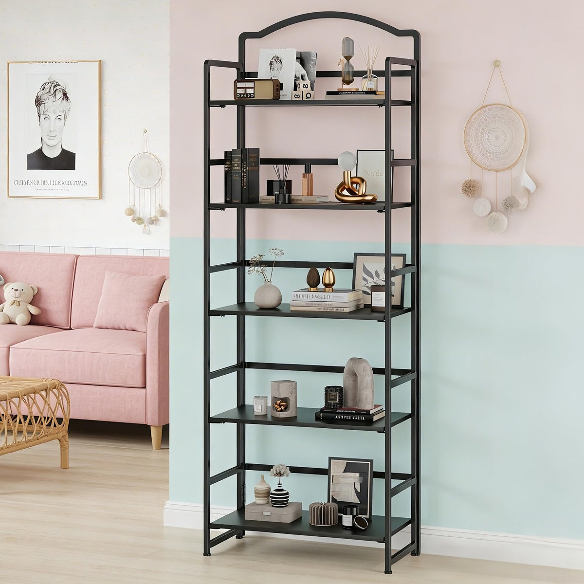 JSB 5 Tier No Assembly Folding Bookshelf, Arched Bookshelf, Foldable Bookcase for Living Room, Bedroom, Office,Skinny Bookshelf (Black)