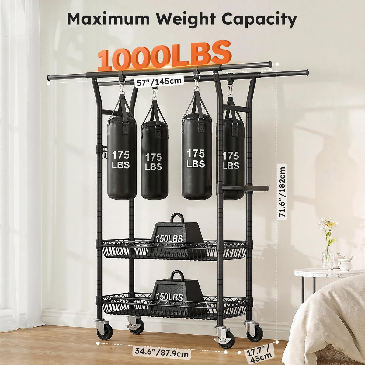 SOLEDI Heavy-Duty Clothes Rack, 1000 LBS clothing rack with wheels Load Capacity Double Rod Clothing Rack with Shelves & Lockable Wheels, Suitable for Bedroom, Entryway, Living Room & Garage (black)