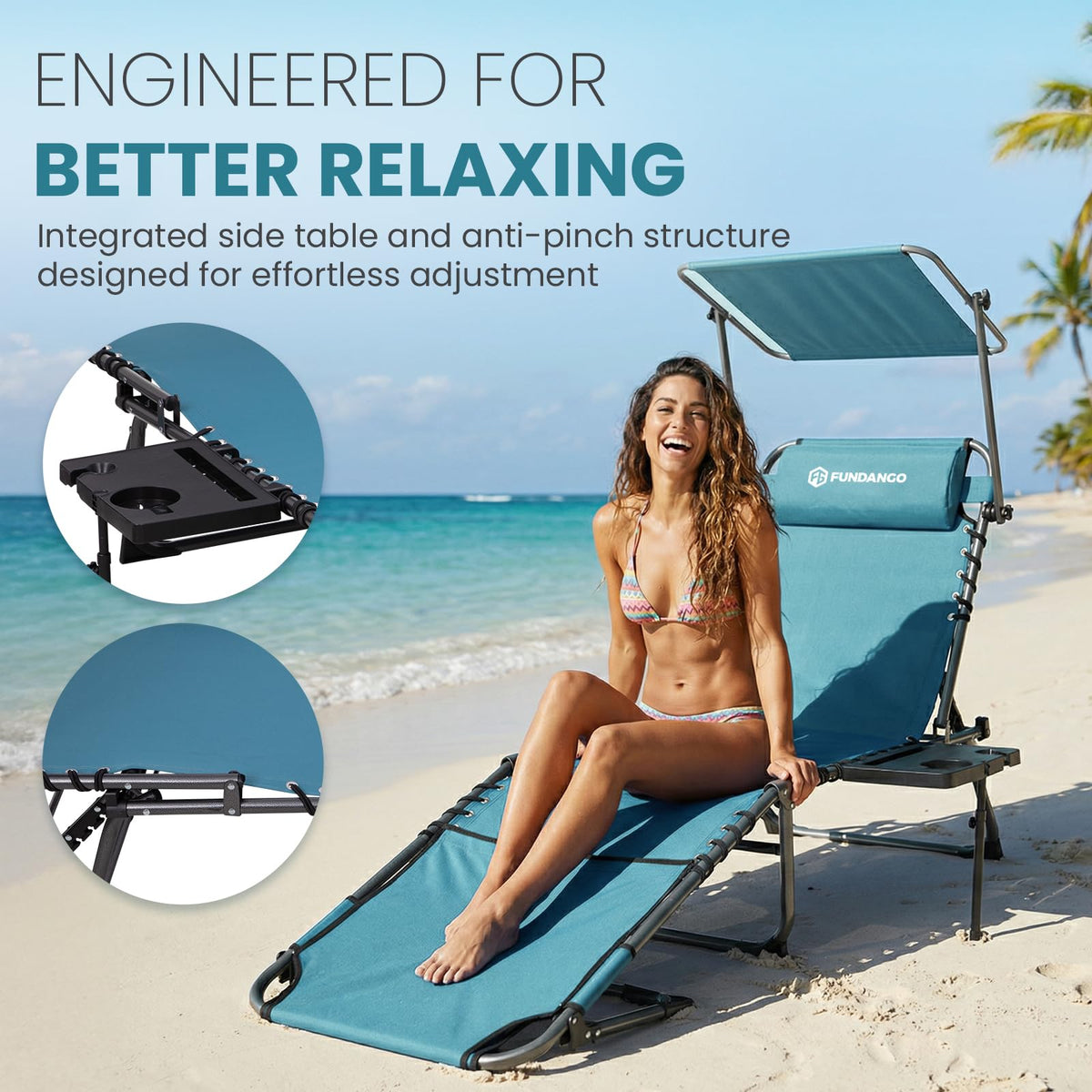 FUNDANGO 400lbs Tanning Chair with Face Hole & Canopy & Side Table, 5 Positions Beach Sunbathing Lounge Chair Facedown Chaise Lounge with Pillow for Pool Outdoor Camping Patio, Set of 2 Cyan
