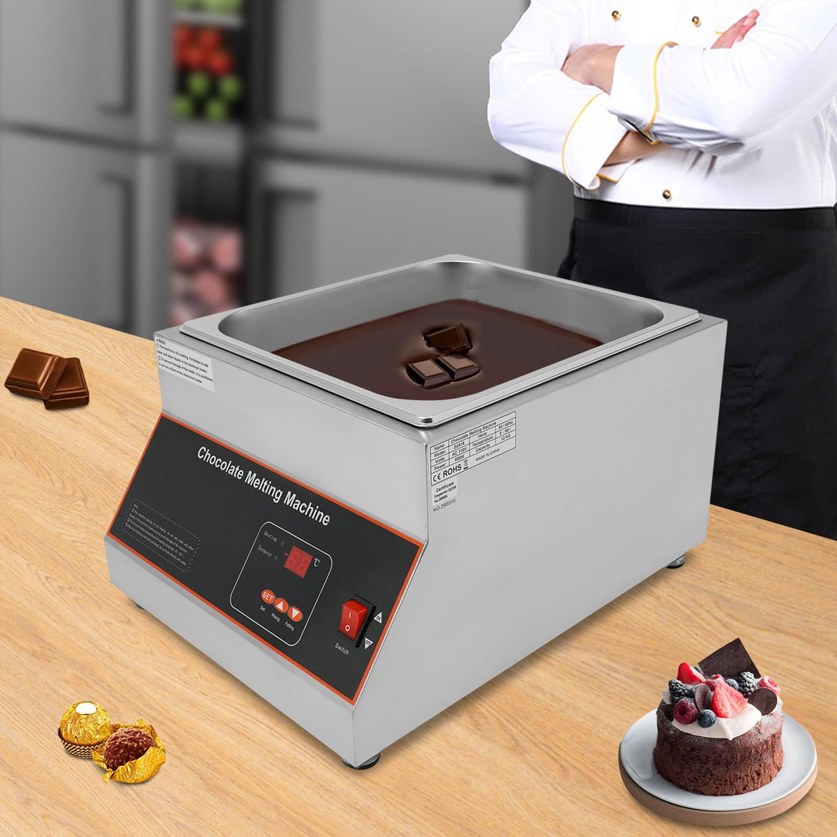 Bokknppo Chocolate Tempering Machine 32-203°F Commercial Chocolate Melting Pot 26.46 lbs Stainless Steel Food Warmer Air-heating Chocolate Fondue with Lid for Restaurant Home Party (Single Pot)