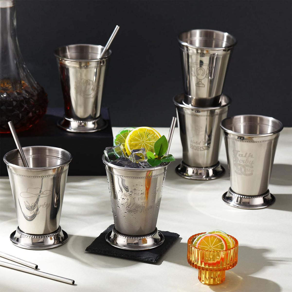 Ziliny 24 Pack Mint Julep Cups with Straws 12 oz Stainless Steel Drinking Cups Metal Cocktail Glasses Beaded Mint Julep for Horse Racing Derby Party Supplies