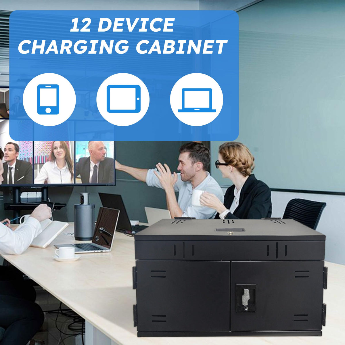 12 Device Charging Station for Laptops & Tablets, Portable Lockable Charging Cabinet Lock Box with Cable Management,Fits 17in Laptop Computers Chromebooks, for Classroom, Library, and Office(Black)