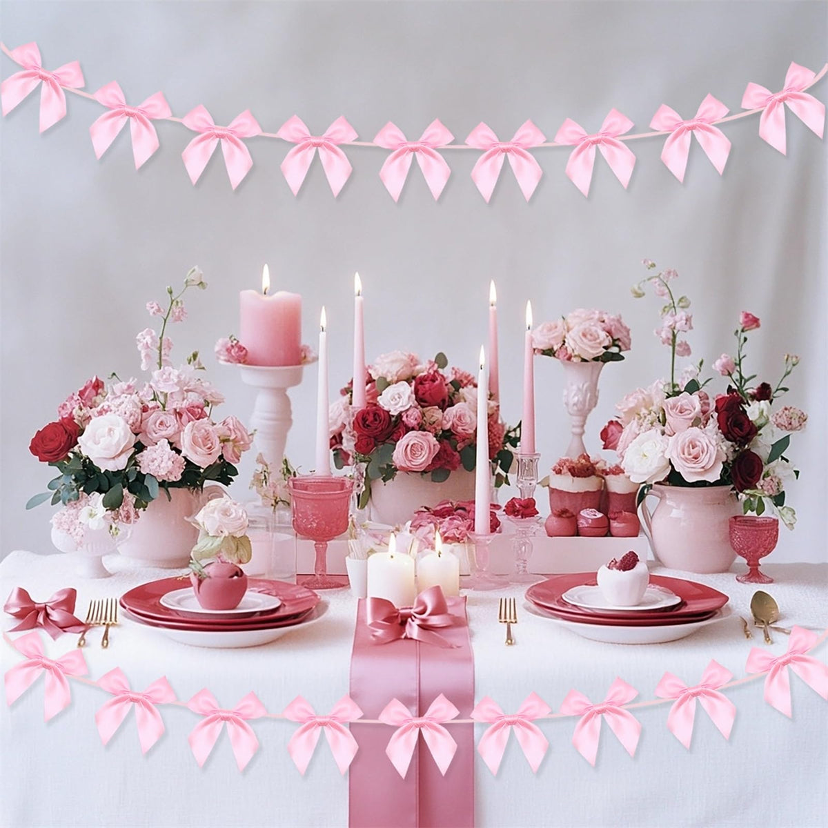 2pcs Pink Bow Garland Banner, Pink Ribbon Bow Party Decorations for Baby Shower Girls Bow Coquette Birthday Party Decor