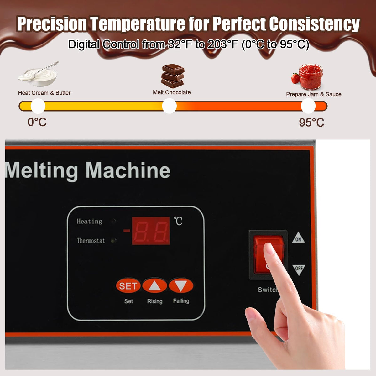 Headery Chocolate Tempering Machine, 26.46 lbs Commercial Chocolate Melting Pot, 500W 32-203°F Stainless Steel Food Warmer with Lid for Chocolate/Milk/Cream Melting and Heating (One Pots)