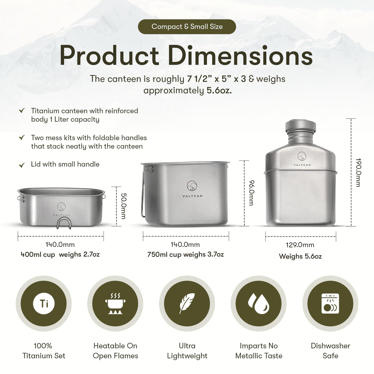 Valtcan Titanium Canteen Mess Kit 1100ml 37oz Capacity with 750ml and 400ml cookware Cups