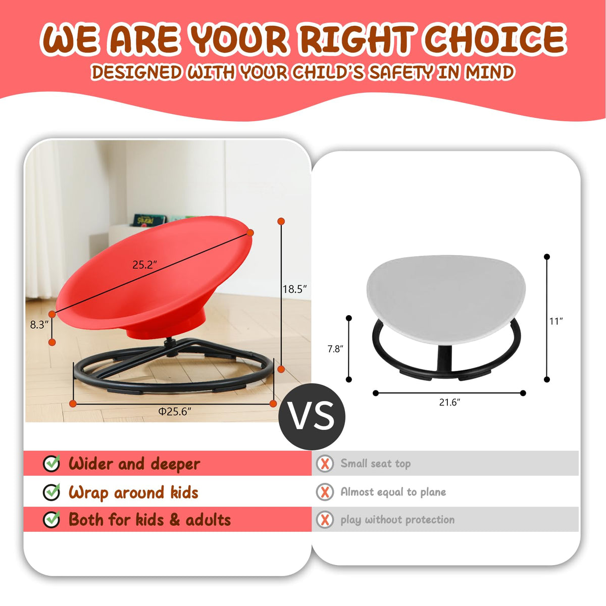 HAPPYMATY Spinning Chair for Autistic Kids, Sit and Spin Autism Toys for Age 3+, Sensory Swivel Chair Enhancing Motor Skills, Educational Indoor & Outdoor Toys (Red)