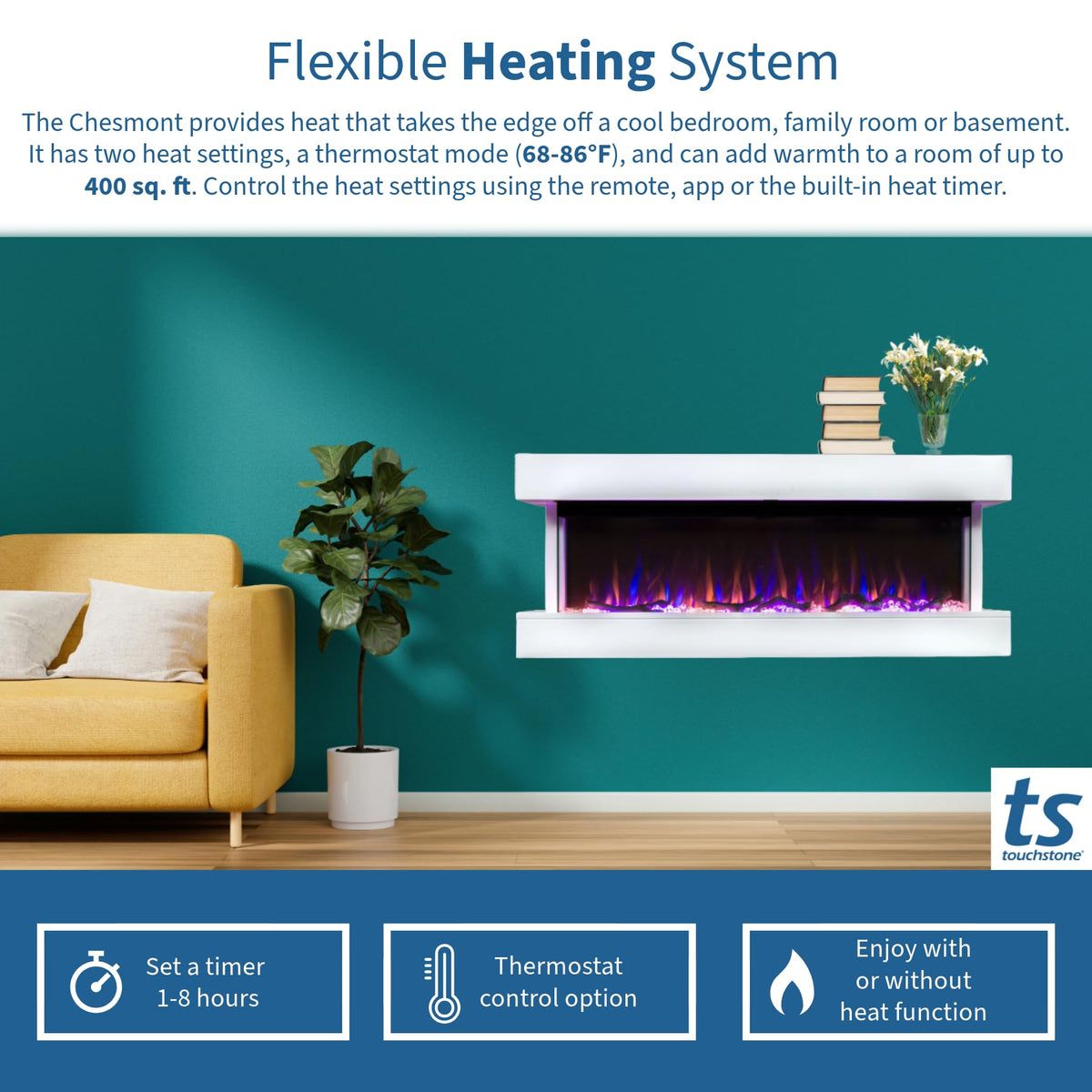 Touchstone Chesmont Smart Electric Fireplace- Wall Hanging Fireplace with 50" Wide White Floating Mantle- Alexa/WiFi Enabled-10 Color-1,500W Heater- Crystals & Driftwood-Model 80033