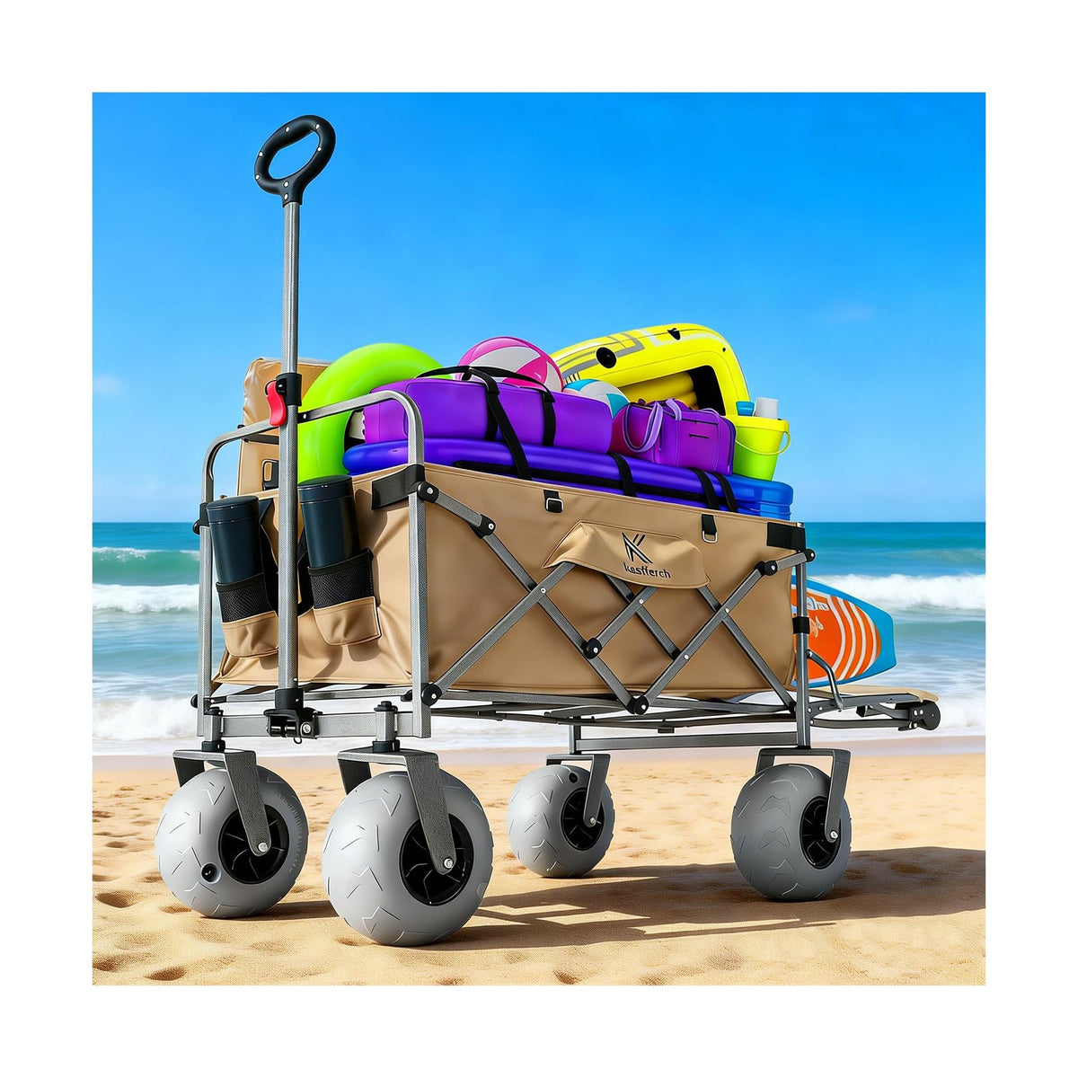 Kesfferch Beach Wagon with Big Wheels for Sand – 10" Balloon Tires & 450lb Heavy Duty Foldable Cart | Removable All-Terrain Design for Camping, Garden, Beach & Groceries